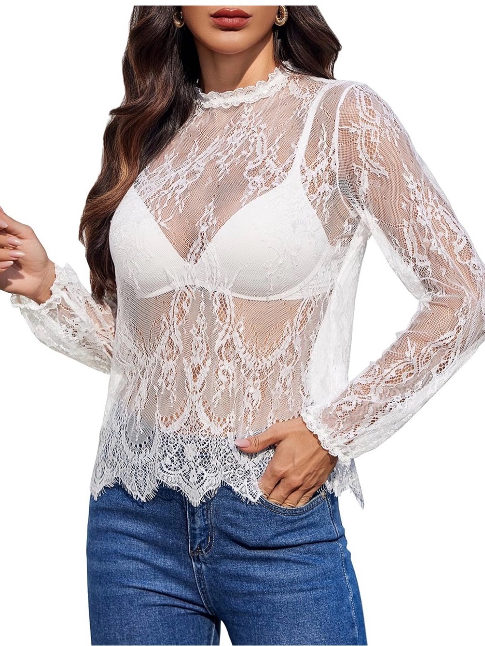 White Sheer Lace Long-Sleeve Blouse - Women